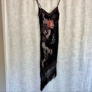 Sue Wong Silk Embroidered Dragon Fringe Slip Dress